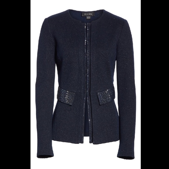 St. John Jacket Blazer Mod Crystal Trim Knit Navy